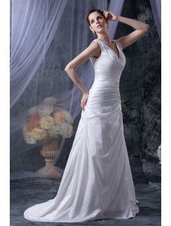 Satin V-Neckline Court Train A-Line Wedding Dress with Ruffle