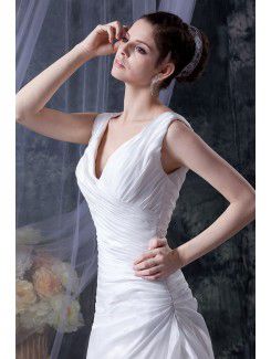 Satin V-Neckline Court Train A-Line Wedding Dress with Ruffle