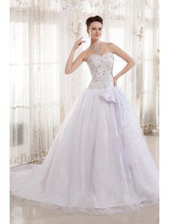 Organza and Charmeuse Sweetheart Court Train A-Line Wedding Dress with Embroidered and Sequins