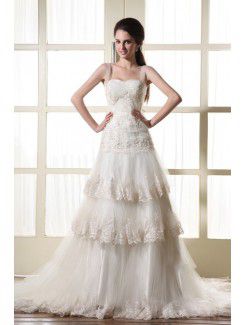 Tulle Straps Chapel Train A-Line Wedding Dress with Embroidered