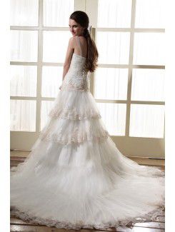 Tulle Straps Chapel Train A-Line Wedding Dress with Embroidered