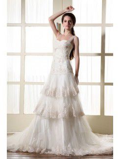 Tulle Straps Chapel Train A-Line Wedding Dress with Embroidered