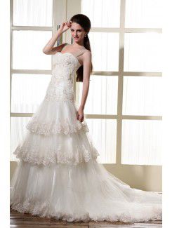 Tulle Straps Chapel Train A-Line Wedding Dress with Embroidered