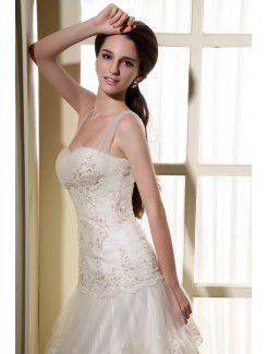 Tulle Straps Chapel Train A-Line Wedding Dress with Embroidered