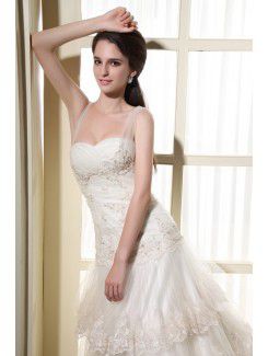 Tulle Straps Chapel Train A-Line Wedding Dress with Embroidered