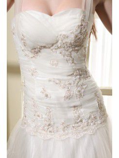 Tulle Straps Chapel Train A-Line Wedding Dress with Embroidered