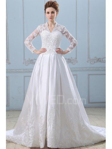 Satin train chapelle encolure en v robe de mariée une ligne avec la veste en dentelle