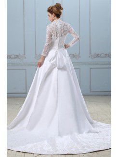 Satin V-Neckline Chapel Train A-Line Wedding Dress with Lace Jacket