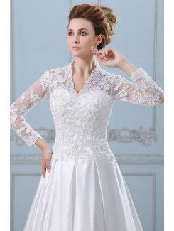 Satin V-Neckline Chapel Train A-Line Wedding Dress with Lace Jacket