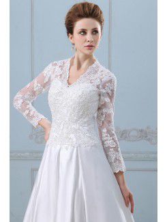 Satin V-Neckline Chapel Train A-Line Wedding Dress with Lace Jacket