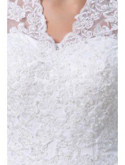 Satin V-Neckline Chapel Train A-Line Wedding Dress with Lace Jacket