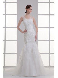 Satin and Net Straps Mermaid Floor Length Embroidered Wedding Dress