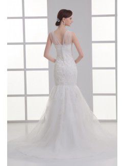 Satin and Net Straps Mermaid Floor Length Embroidered Wedding Dress