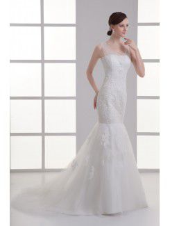 Satin and Net Straps Mermaid Floor Length Embroidered Wedding Dress