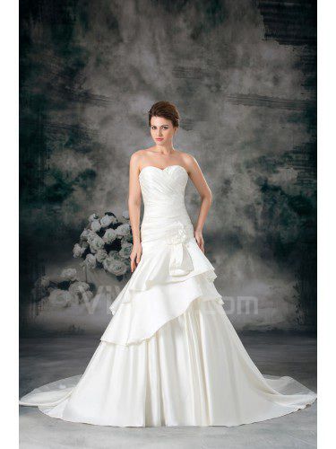 Satin Sweetheart Sweep Train Sheath Hand-made Flower Wedding Dress