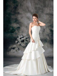 Satin Sweetheart Sweep Train Sheath Hand-made Flower Wedding Dress