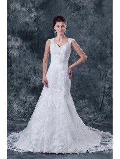 Satin V-Neckline Chapel Train A-Line Wedding Dress with Embroidered Beading