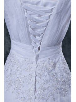 Satin V-Neckline Chapel Train A-Line Wedding Dress with Embroidered Beading