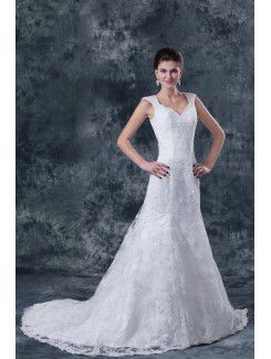 Satin V-Neckline Chapel Train A-Line Wedding Dress with Embroidered Beading