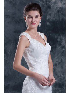 Satin V-Neckline Chapel Train A-Line Wedding Dress with Embroidered Beading