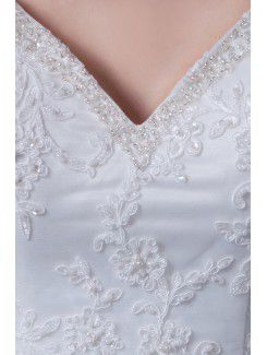 Satin V-Neckline Chapel Train A-Line Wedding Dress with Embroidered Beading