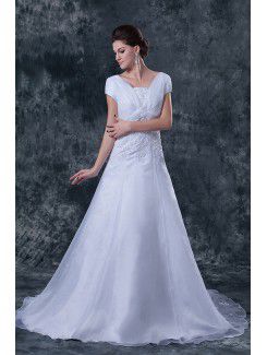 Satin and Tulle Square Court Train A-Line Wedding Dress