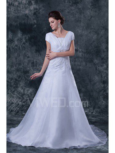 Satin and Tulle Square Court Train A-Line Wedding Dress