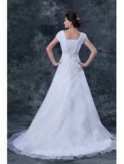 Satin and Tulle Square Court Train A-Line Wedding Dress