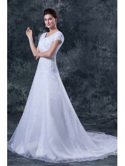 Satin and Tulle Square Court Train A-Line Wedding Dress