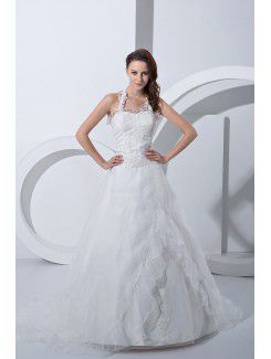 Satin and Tulle Halter Court Train A-Line Wedding Dress with Embroidered