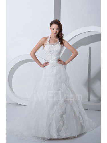 Satin et tulle train tribunal licou robe de mariée une ligne avec brodé