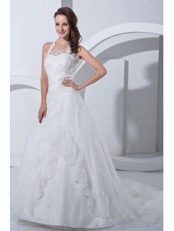 Satin and Tulle Halter Court Train A-Line Wedding Dress with Embroidered