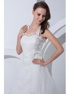 Satin and Tulle Halter Court Train A-Line Wedding Dress with Embroidered