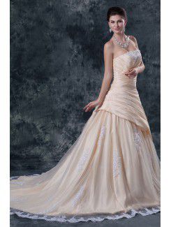 Gauze Strapless Chapel Train A-Line Wedding Dress with Embroidered and Sequins