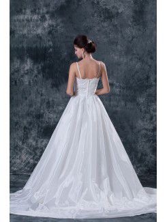 Satin Tulle Spaghetti Court Train A-Line Wedding Dress with Embroidered