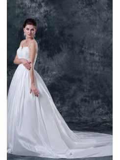 Satin Tulle Spaghetti Court Train A-Line Wedding Dress with Embroidered