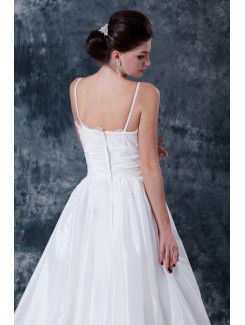 Satin Tulle Spaghetti Court Train A-Line Wedding Dress with Embroidered