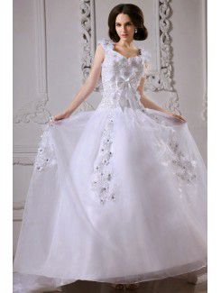 Satin Straps Sweep Train Ball Gown Wedding Dress with Embroidered and Applique