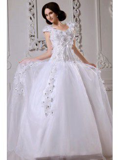 Satin Straps Sweep Train Ball Gown Wedding Dress with Embroidered and Applique