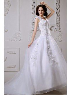 Satin Straps Sweep Train Ball Gown Wedding Dress with Embroidered and Applique