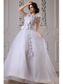 Satin Straps Sweep Train Ball Gown Wedding Dress with Embroidered and Applique