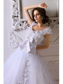 Satin Straps Sweep Train Ball Gown Wedding Dress with Embroidered and Applique