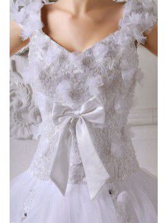 Satin Straps Sweep Train Ball Gown Wedding Dress with Embroidered and Applique