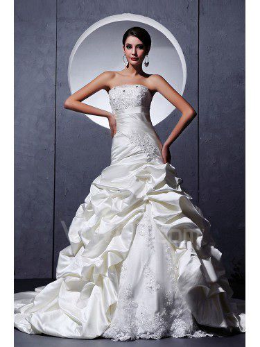 Satin Tulle Strapless Chapel Train Ball Gown Wedding Dress with Ruffle Embroidered