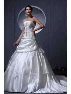 Satin Strapless Court Train Ball Gown Wedding Dress with Embroidered