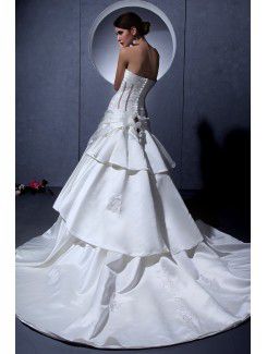 Satin Strapless Court Train Ball Gown Wedding Dress with Embroidered