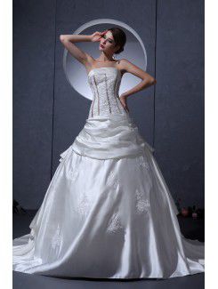 Satin Strapless Court Train Ball Gown Wedding Dress with Embroidered