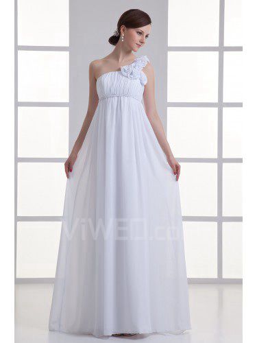 Chiffon One-Shoulder Empire line Floor Length Hamd-made Flowers Wedding Dress