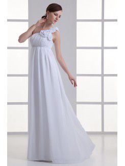 Chiffon One-Shoulder Empire line Floor Length Hamd-made Flowers Wedding Dress