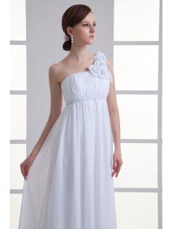 Chiffon One-Shoulder Empire line Floor Length Hamd-made Flowers Wedding Dress